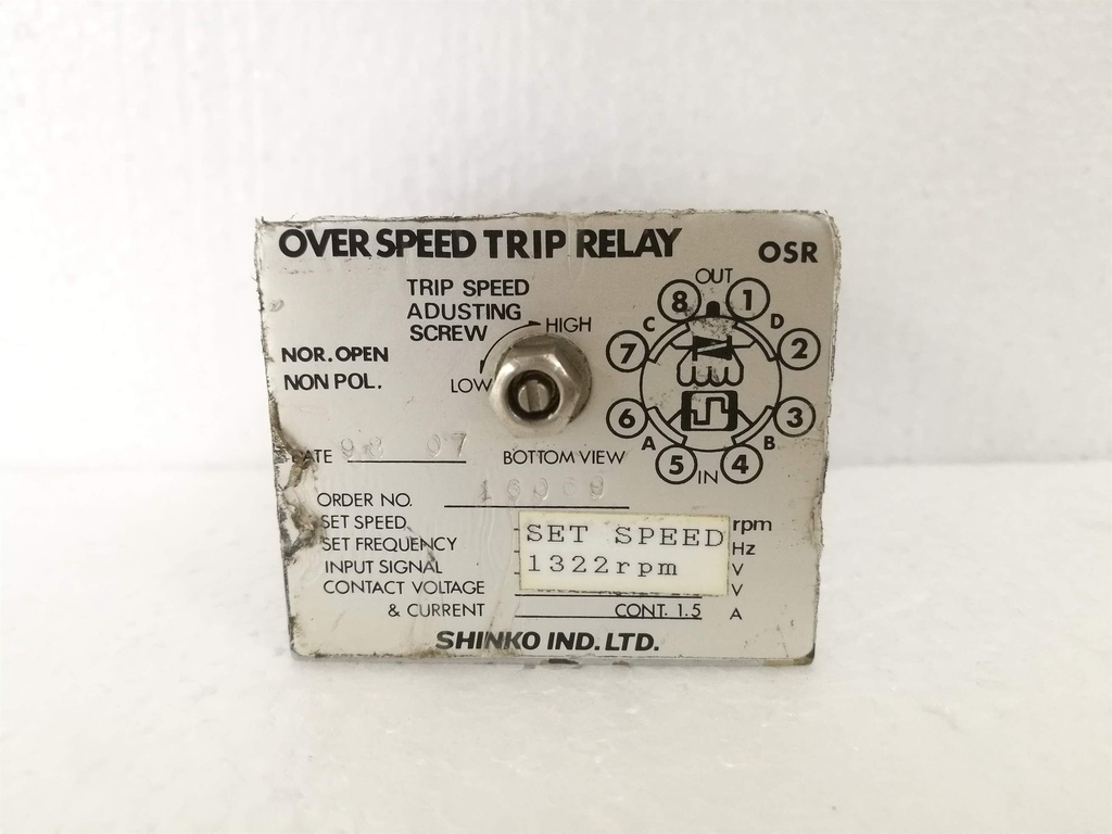 Shinko Over Speed Trip Relay set speed 1322 rpm